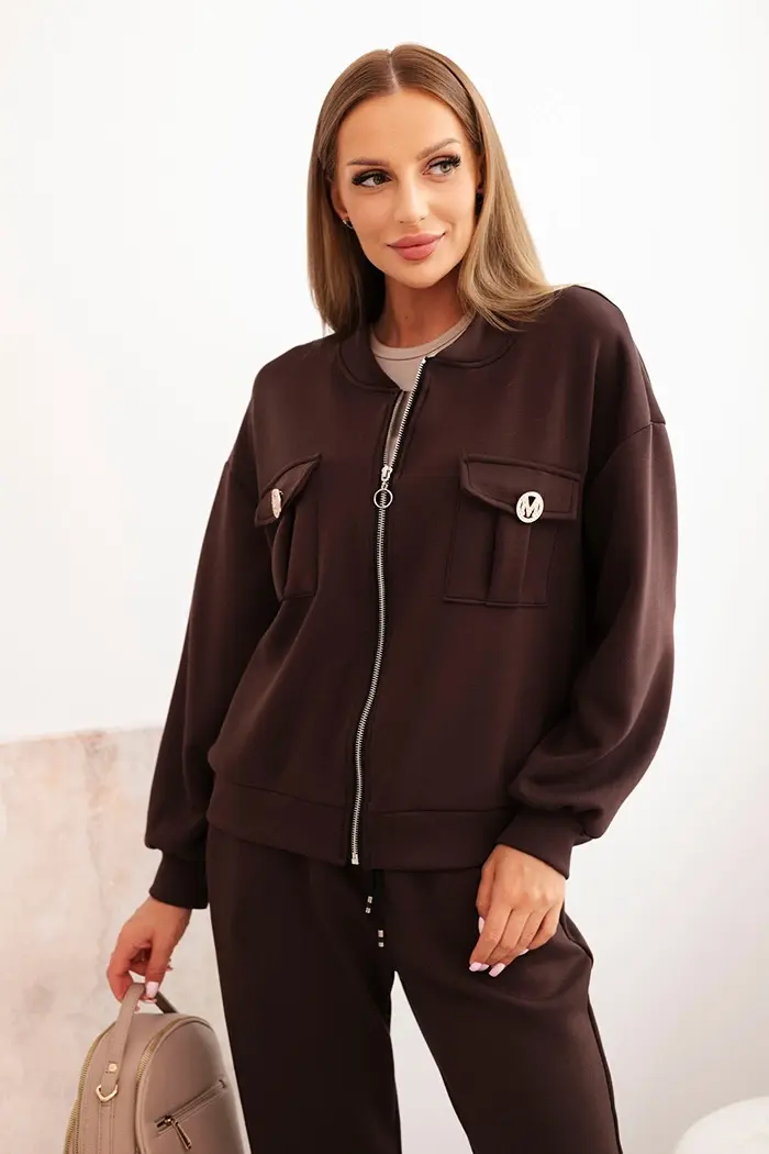 Kesi Włoski Dámský set z viskózy s rozepínací mikinou a kalhotami hnědý