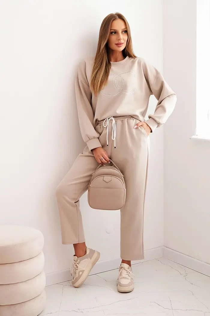 Kesi Włoski Dámský komplet z viskózy s ozdobným motivem a kalhotami béžový