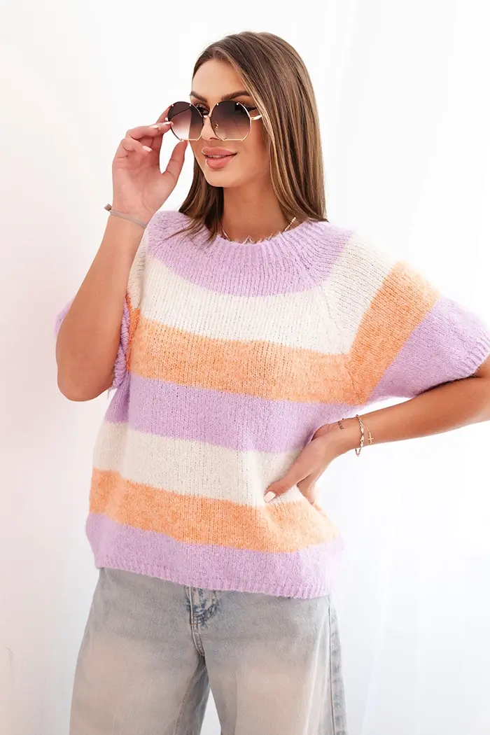 Kesi Włoski Dámský pruhovaný svetr s krátkým rukávem z vlny meruňkový + fialový