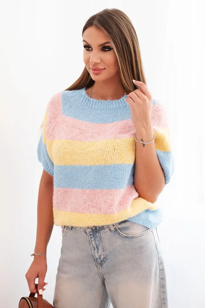 Kesi Włoski Dámský svetr s krátkým rukávem pruhovaný z vlny žlutý + modrý