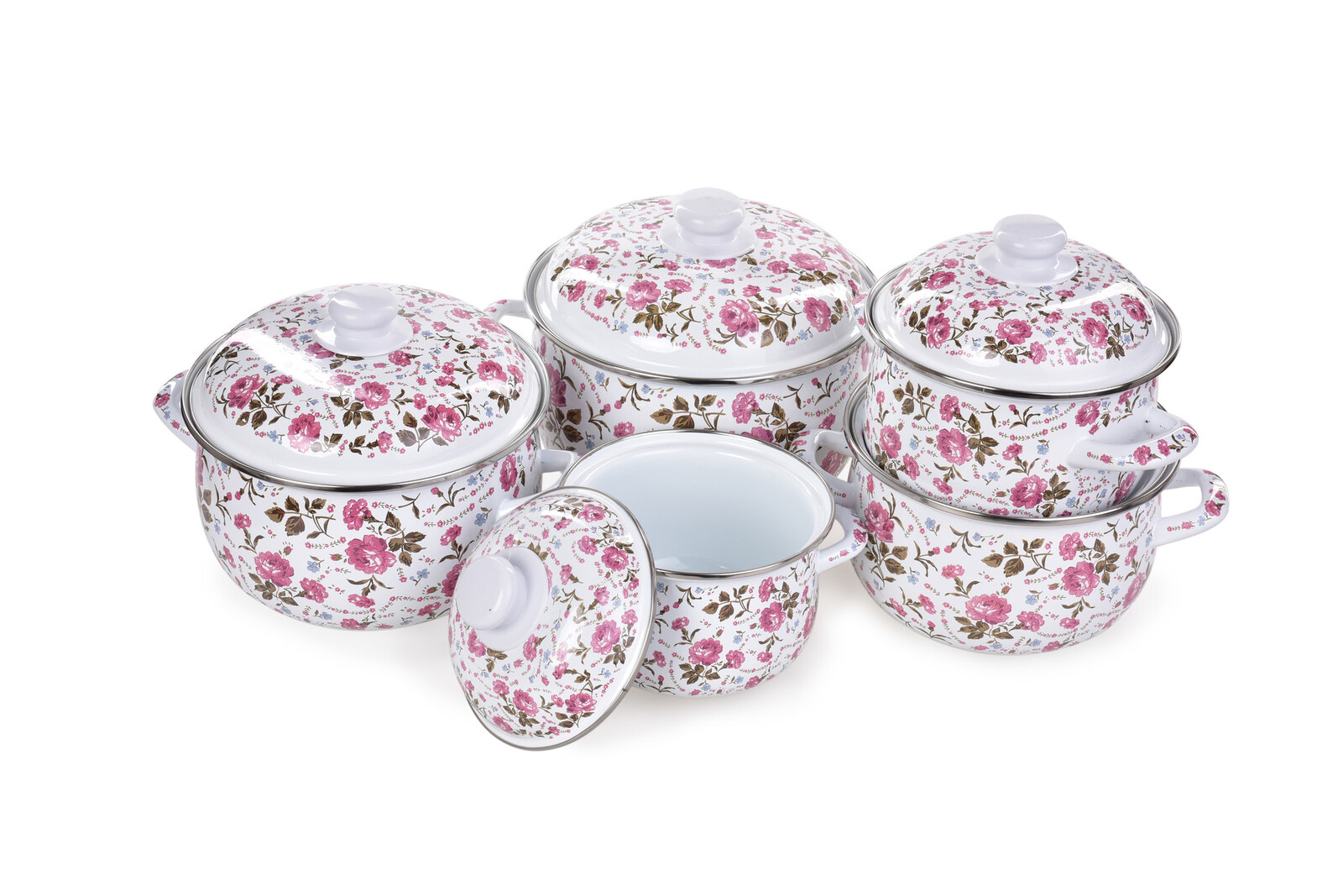 RUSTICAL | 10dílná sada smaltovaných silnostěnných hrnců s poklicemi květinový motiv