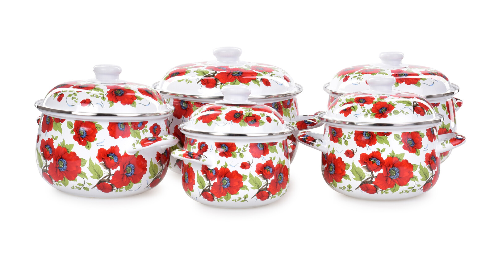RUSTICAL | 10dílná sada smaltovaných silnostěnných hrnců s poklicemi makové květy