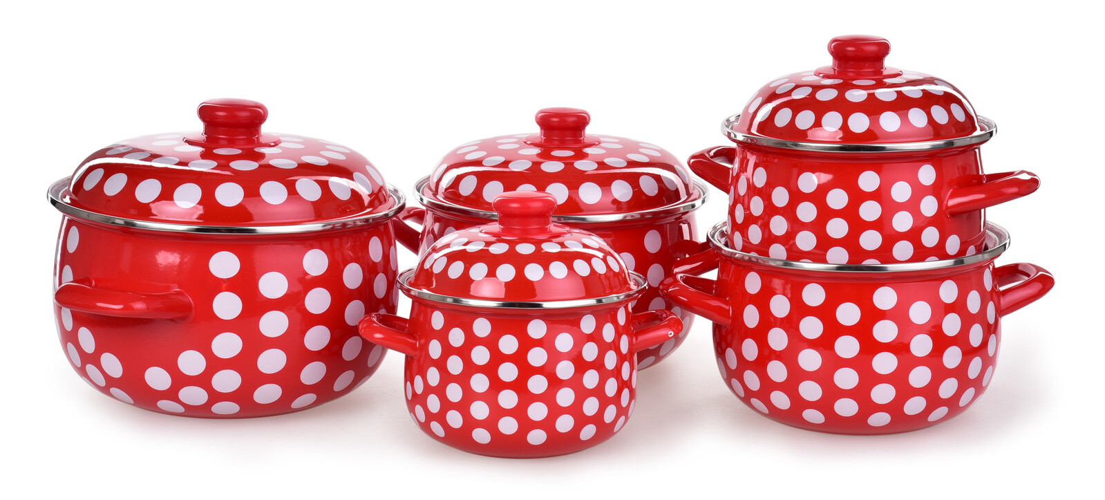 RUSTICAL | 10dílná sada smaltovaných silnostěnných hrnců s poklicemi červené s puntíky