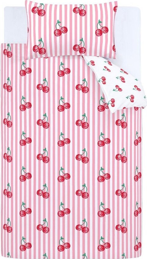 Bílé/růžové povlečení na jednolůžko 135x200 cm Disco Cherries Stripes – Catherine Lansfield