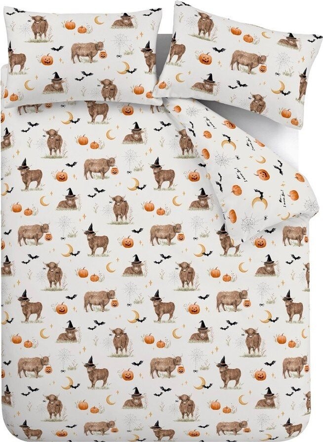 Šedobéžové povlečení na jednolůžko 135x200 cm Halloween Highland Cow – Catherine Lansfield