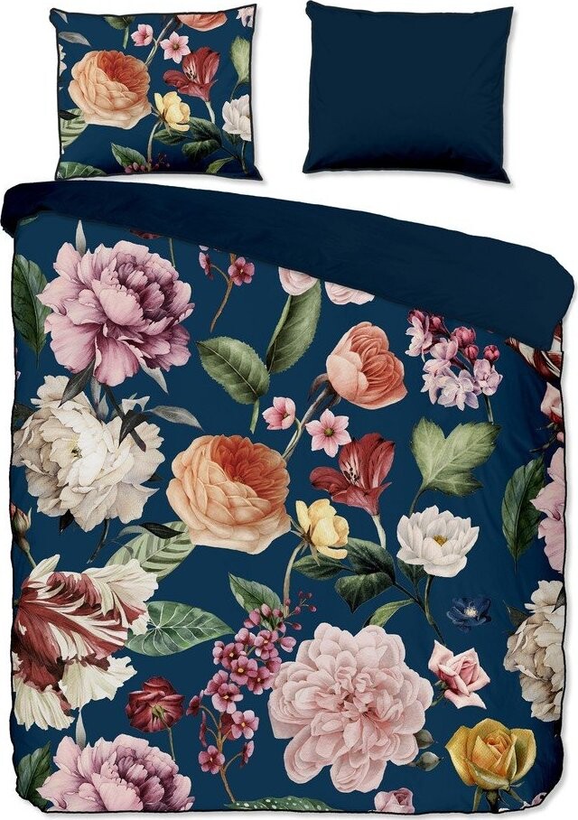 Tmavě modré povlečení na dvoulůžko/prodloužené z bavlněného saténu 200x220 cm Fiori – Descanso