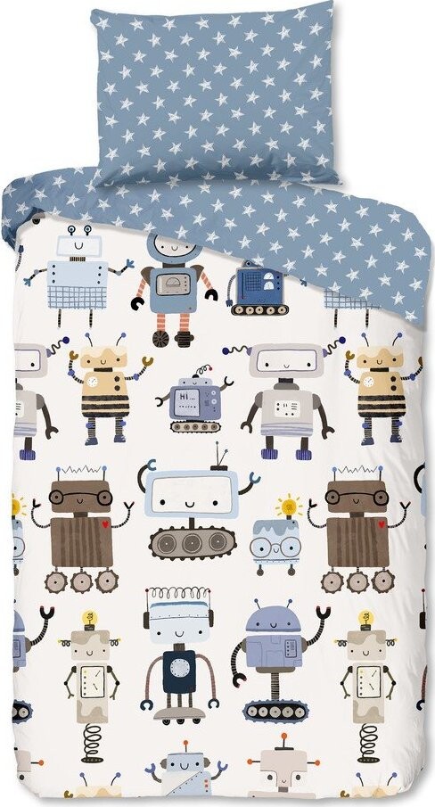 Modré/béžové bavlněné dětské povlečení na jednolůžko 140x200 cm Robo – Good Morning