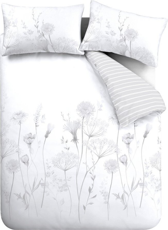 Bílé/šedé povlečení na dvoulůžko/prodloužené 230x220 cm Meadowsweet Floral – Catherine Lansfield