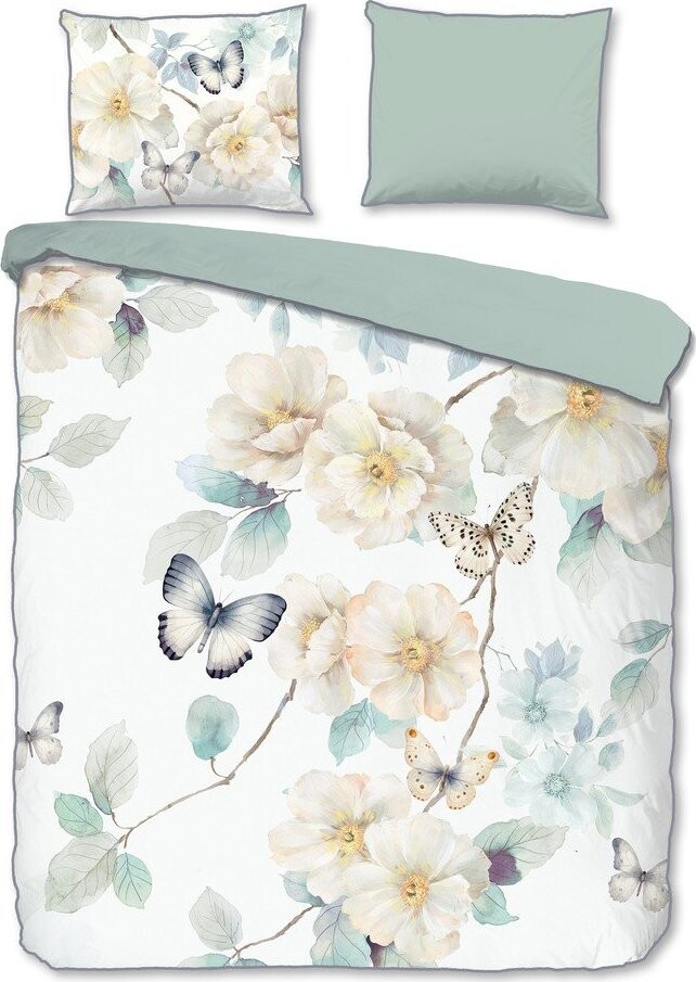 Bílé/zelené povlečení na dvoulůžko/prodloužené z bavlněného saténu 200x220 cm Adiwanya – Descanso