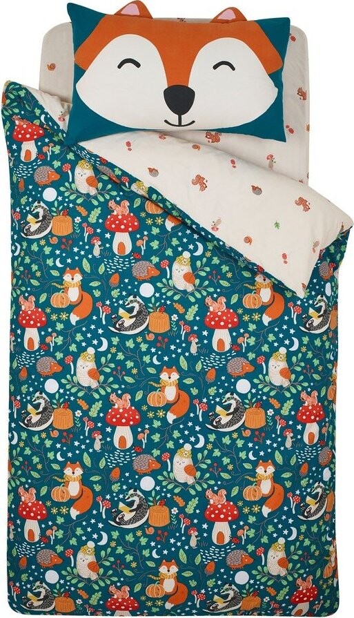 Zelené/béžové dětské povlečení na dvoulůžko 200x200 cm Fox and Woodland Friends – Catherine Lansfield