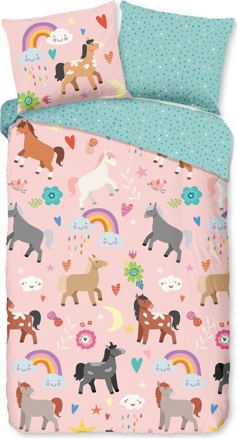 Růžové/tyrkysové bavlněné dětské povlečení na jednolůžko/prodloužené 140x220 cm Horses – Good Morning