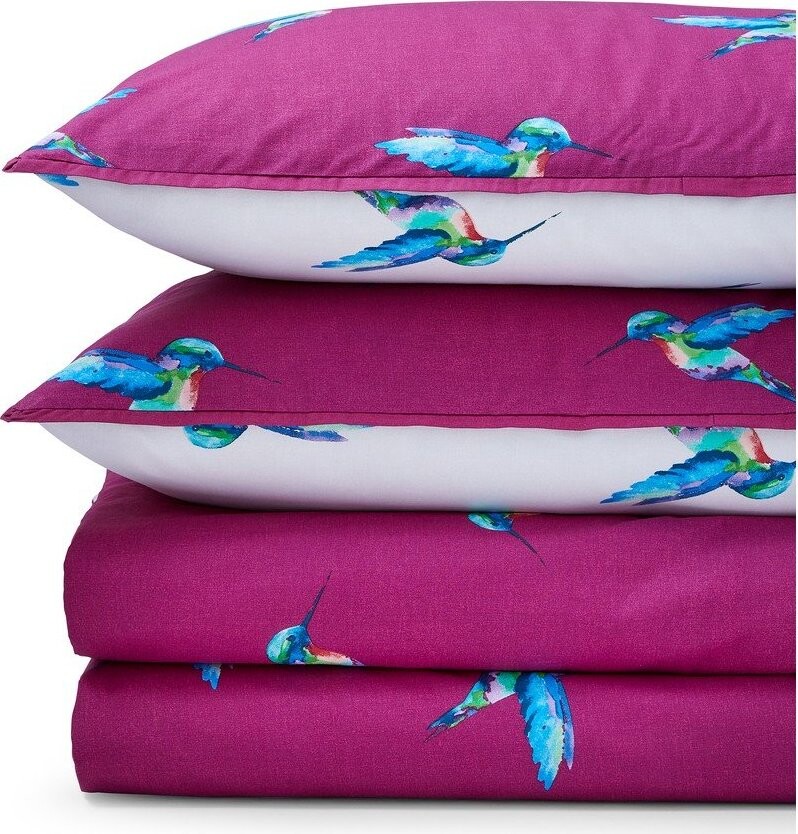 Bílé/fialové bavlněné povlečení na dvoulůžko/prodloužené 230x220 cm Hummingbird – Their Nibs