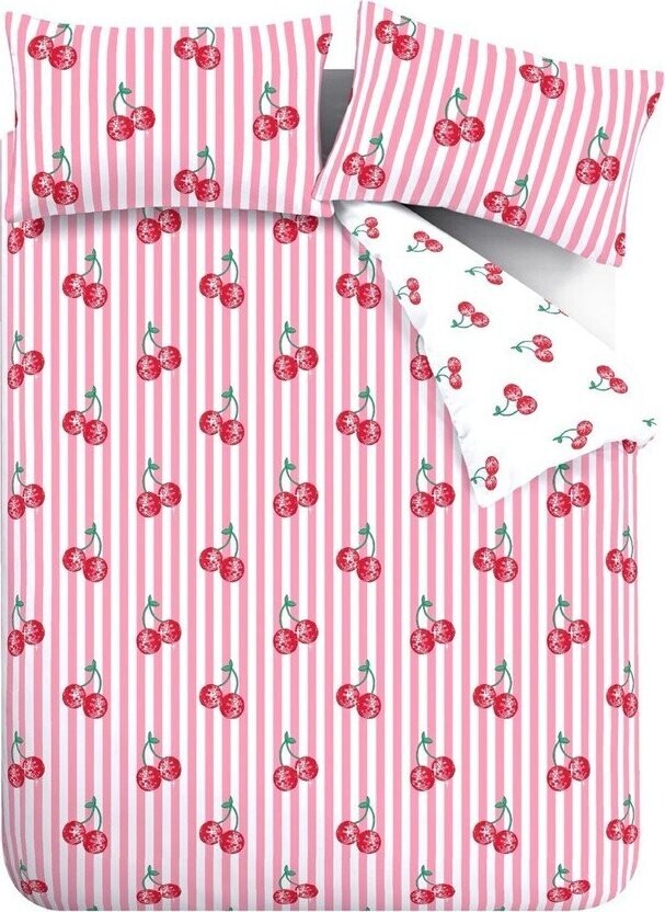 Bílé/růžové povlečení na dvoulůžko/prodloužené 230x220 cm Disco Cherries Stripes – Catherine Lansfield