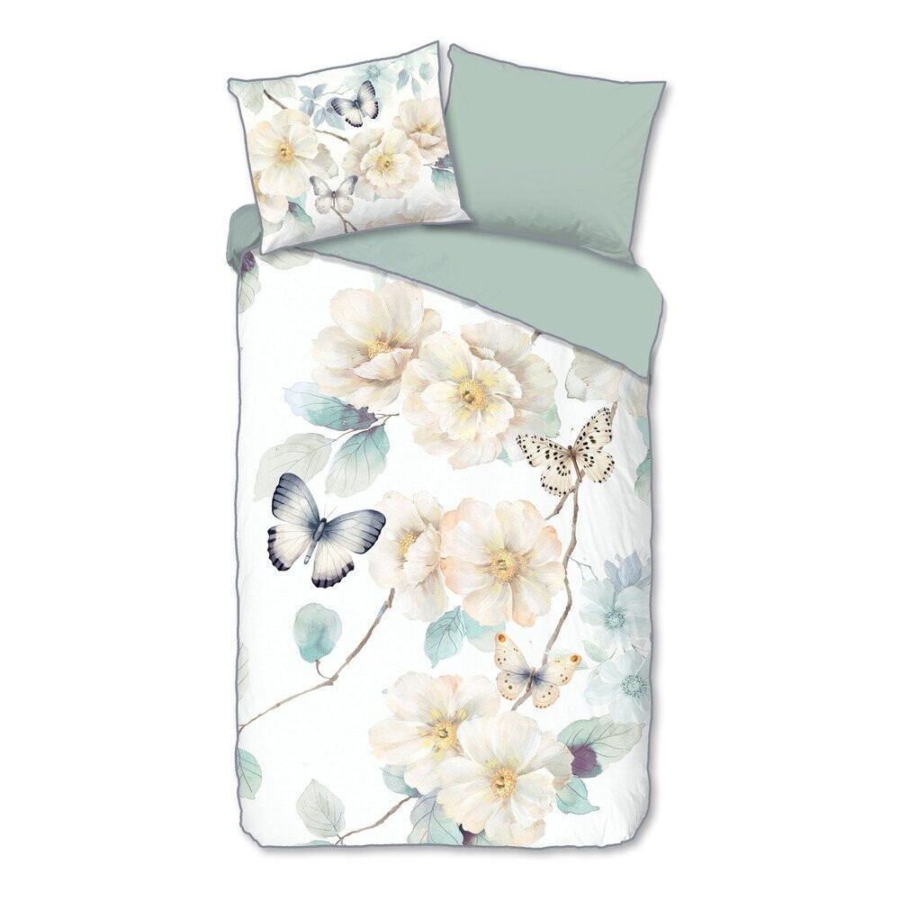 Bílé/zelené povlečení na jednolůžko/prodloužené z bavlněného saténu 140x220 cm Adiwanya – Descanso