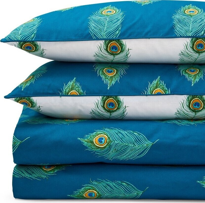 Bílé/zelenomodré bavlněné povlečení na dvoulůžko/prodloužené 230x220 cm Peacock Feather – Their Nibs