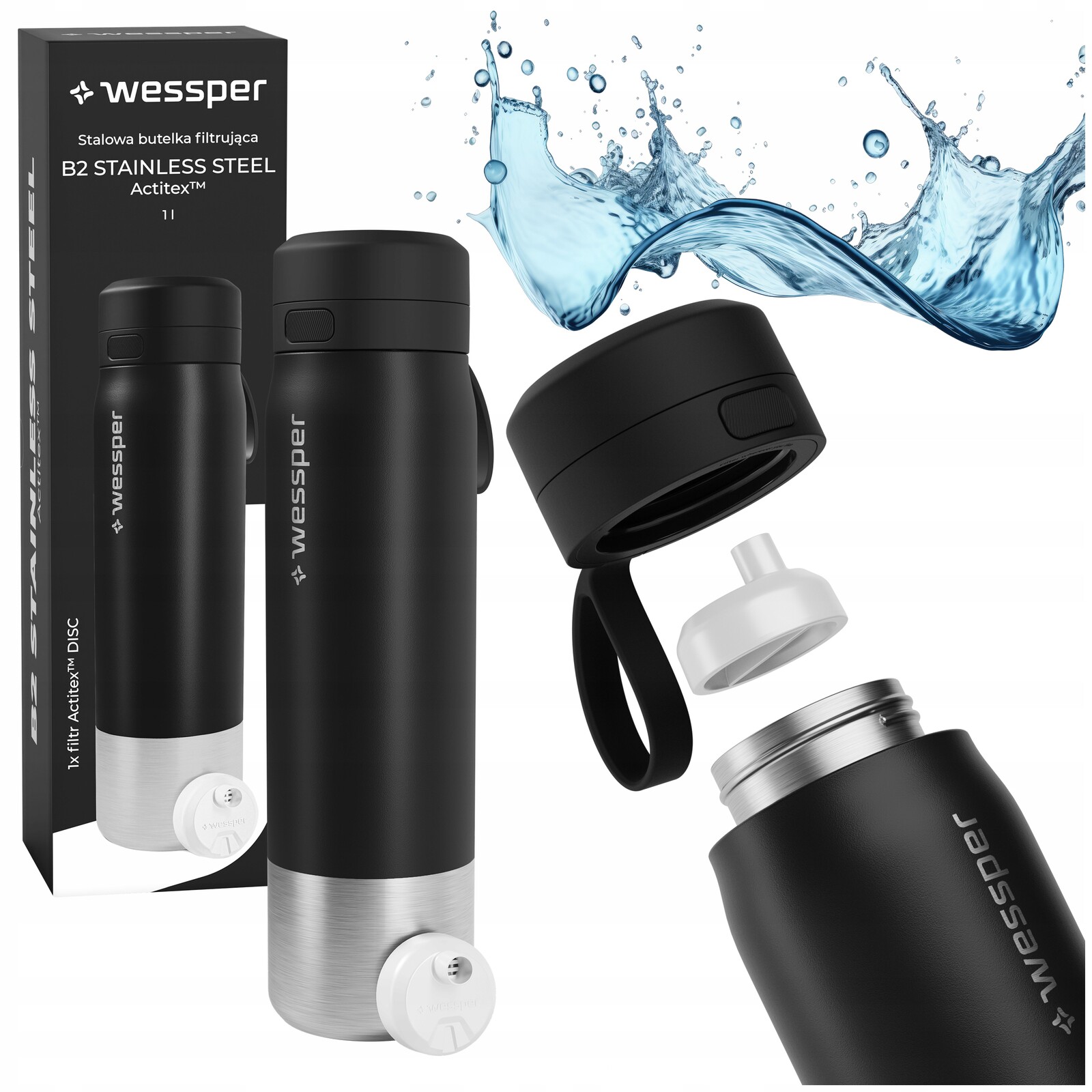Ocelová láhev černá 1L filtrační vložka Wessper, počítadlo filtrů lahví