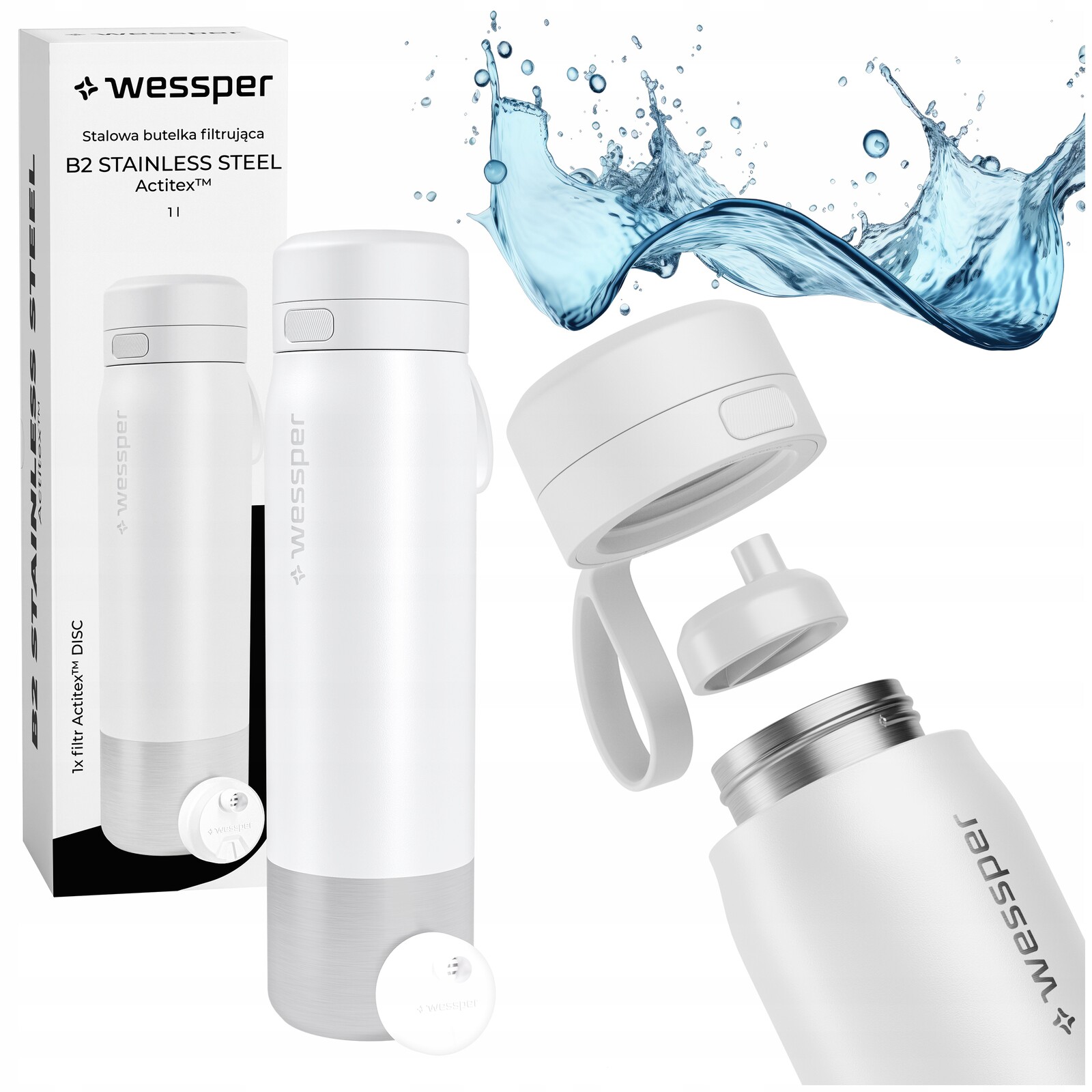 Bílá filtrační láhev náplň Wessper lahev na pití 1000 ml na vodu s filtrem