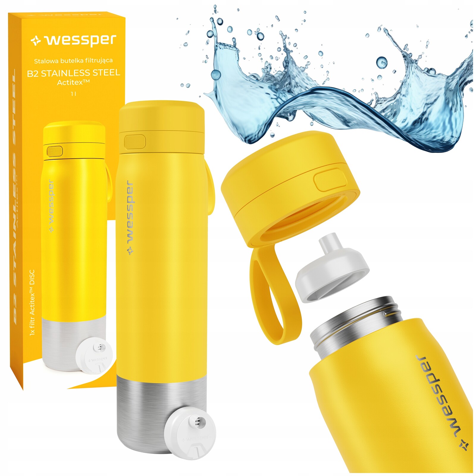 Žlutá filtrační láhev náplň Wessper lahev na pití 1000 ml na vodu s filtrem