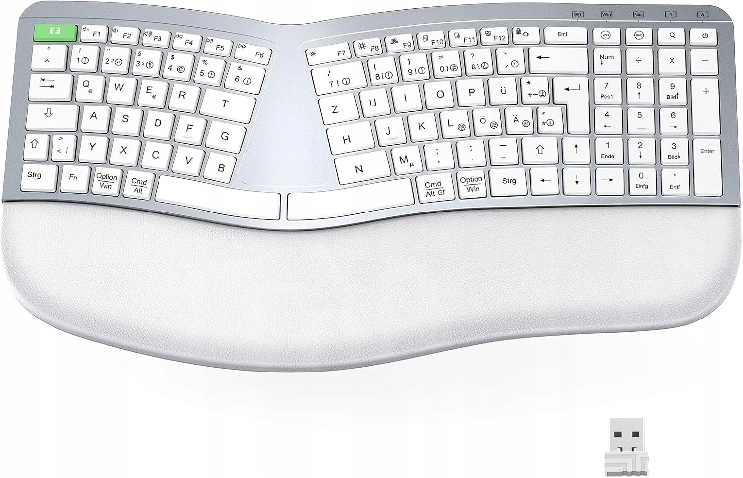 Bezdrátová Klávesnice Bílá Ergonomická Qwertz Němčina 2.4 G