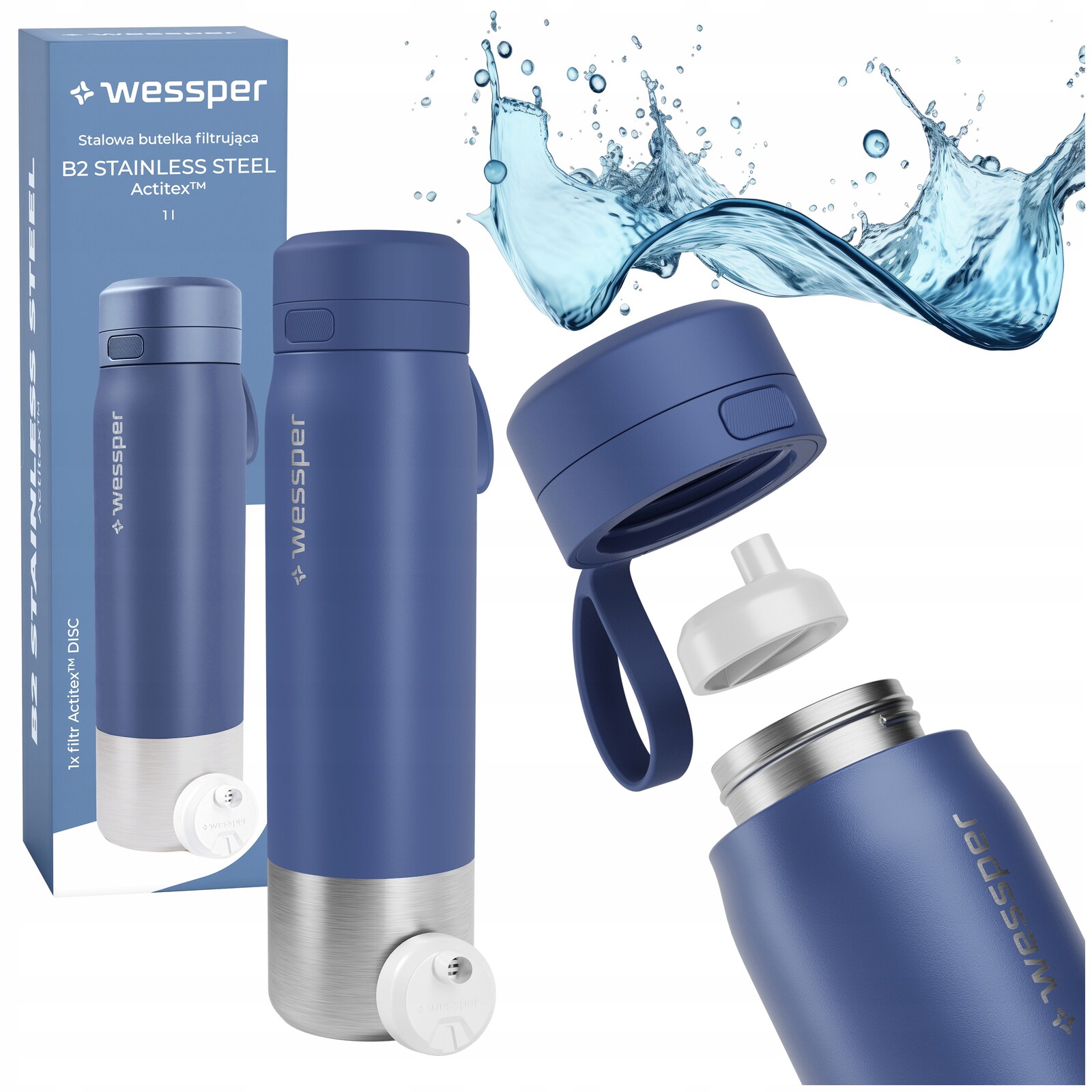 Modrá filtrační láhev vložka Wessper lahev na pití 1L na vodu s filtrem