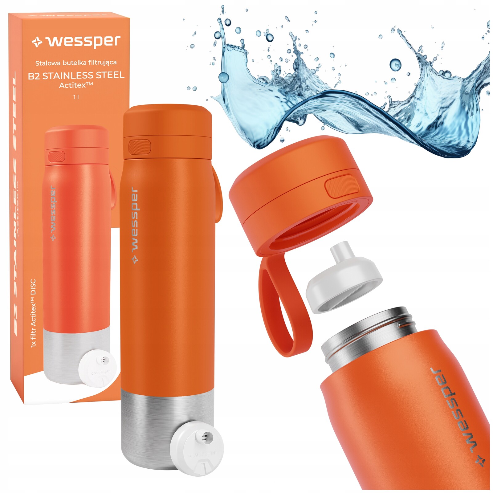 Sada Wessper ocelová láhev 1L oranžová filtrační vložka do filtru láhve