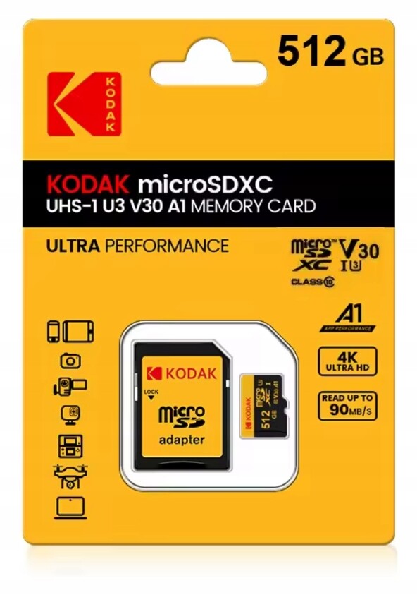 Paměťová karta Kodak micro Sdxc 512GB U3 A1 C10 V30 100Mb/s rychlá