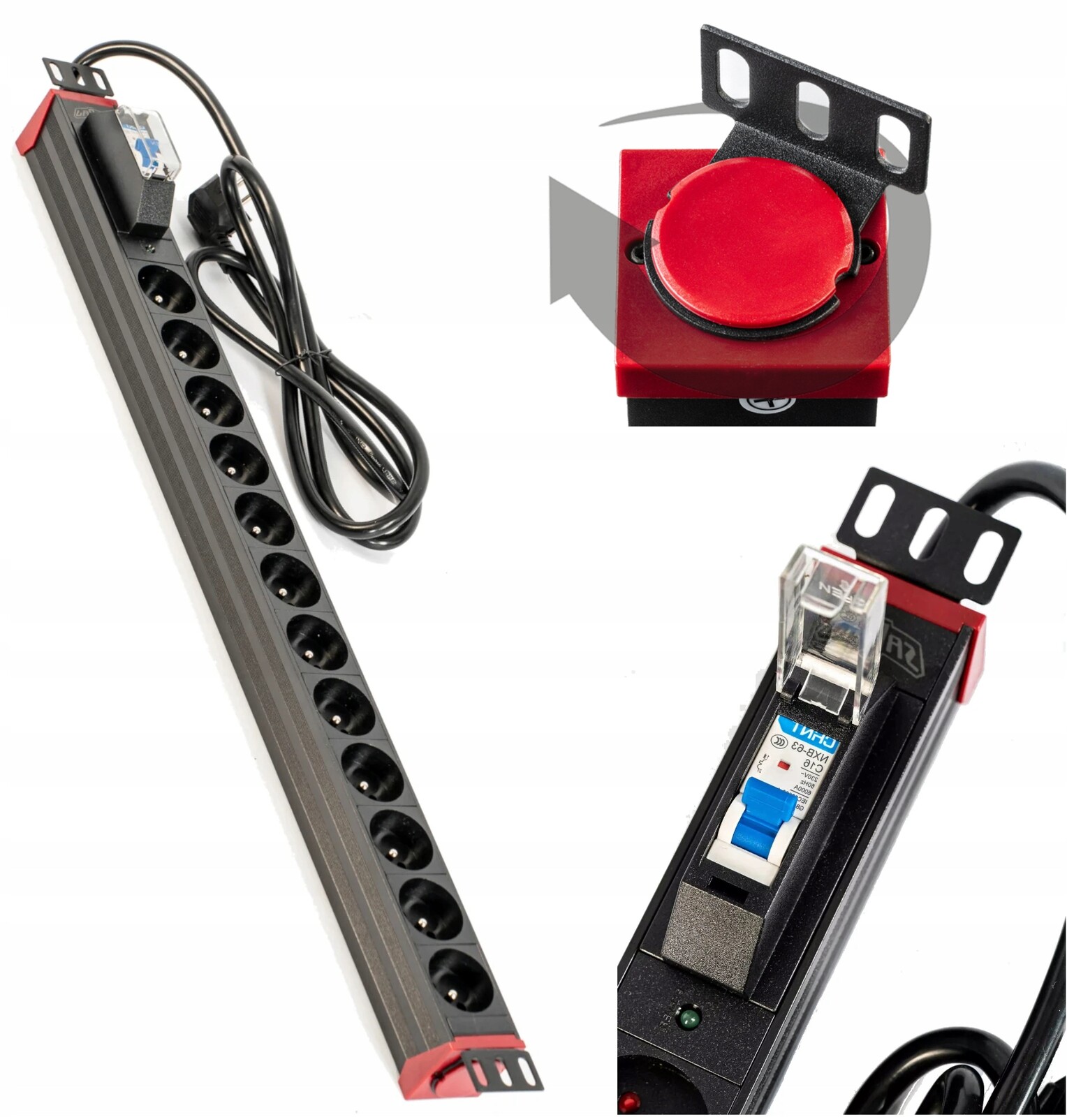 Protipřepěťová lišta 12 zásuvek 2 m s pojistkou pro skříň Rack 19