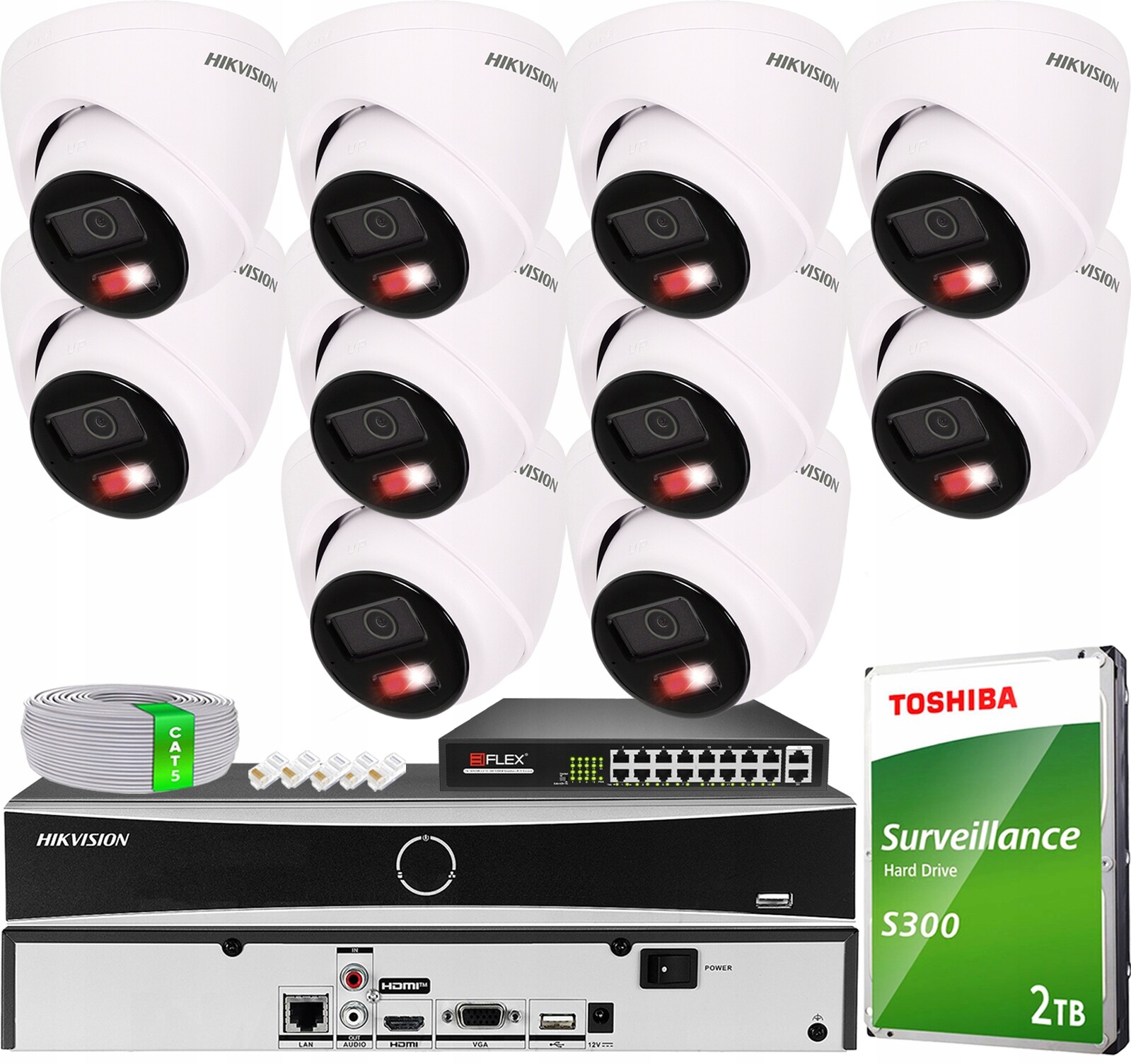 Monitorovací sada 10 kamer VE-NC143F-LIU 4MPx Hikvision Hybrid Light PoE