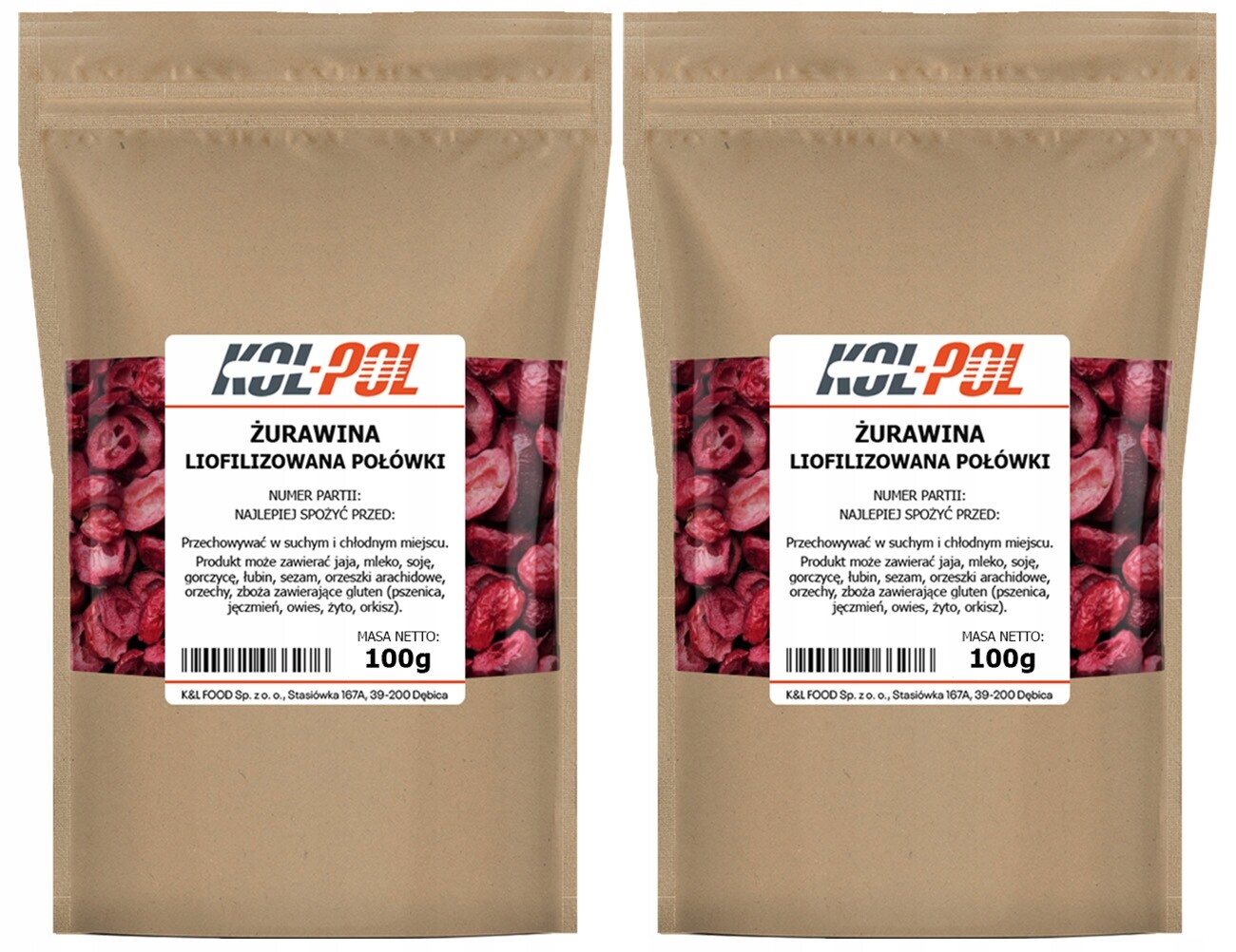 Brusinky Lyofilizované 200 g Přírodní půlky Lyofilizované ovoce Kol-Pol