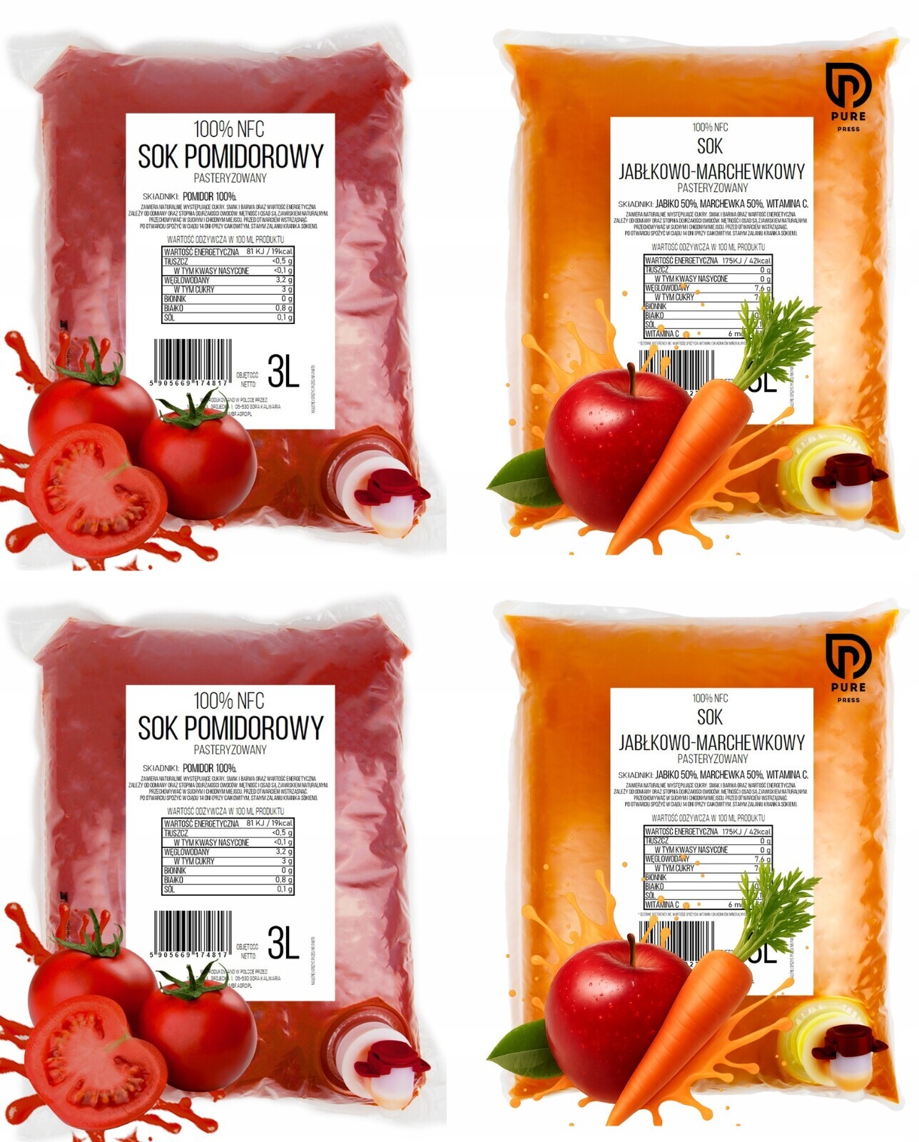 Džusy 100% Nfc Pure Press Rajče, Jablko Mrkev 4 x 3L