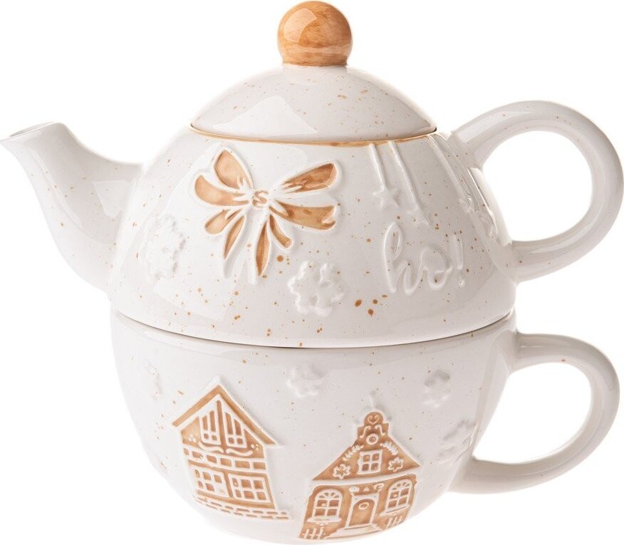 Bílá keramická čajová souprava s vánočním motivem Christmas cottage – Dakls