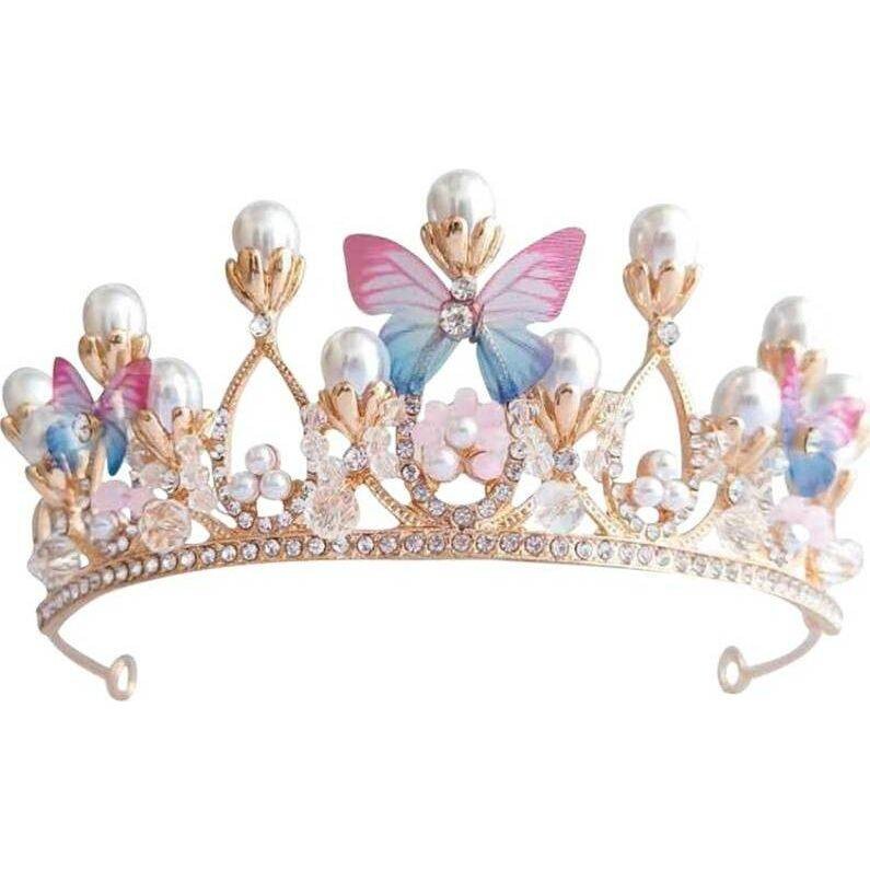 Nejedlá dekorace kovová Koruna zlatá s perlami a motýlky - dortis