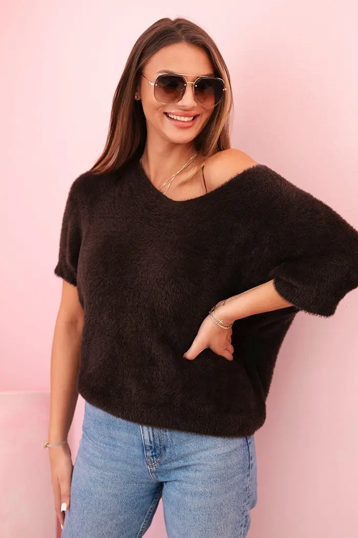 Kesi Włoski Svetr dámský z měkkého chlupu s výstřihem do V krátký rukáv hnědý