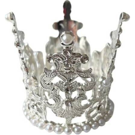 Nejedlá dekorace kovová Koruna stříbrná malá s bílými perlami - dortis