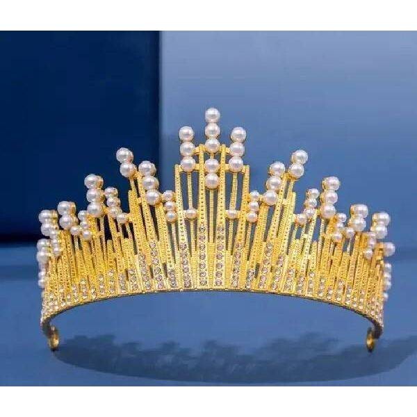 Nejedlá dekorace kovová Koruna zlatá s bílými perlami - dortis
