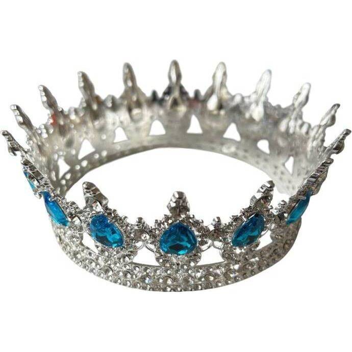 Nejedlá dekorace kovová Koruna stříbrná s modrými kameny ve tvaru slzy - dortis