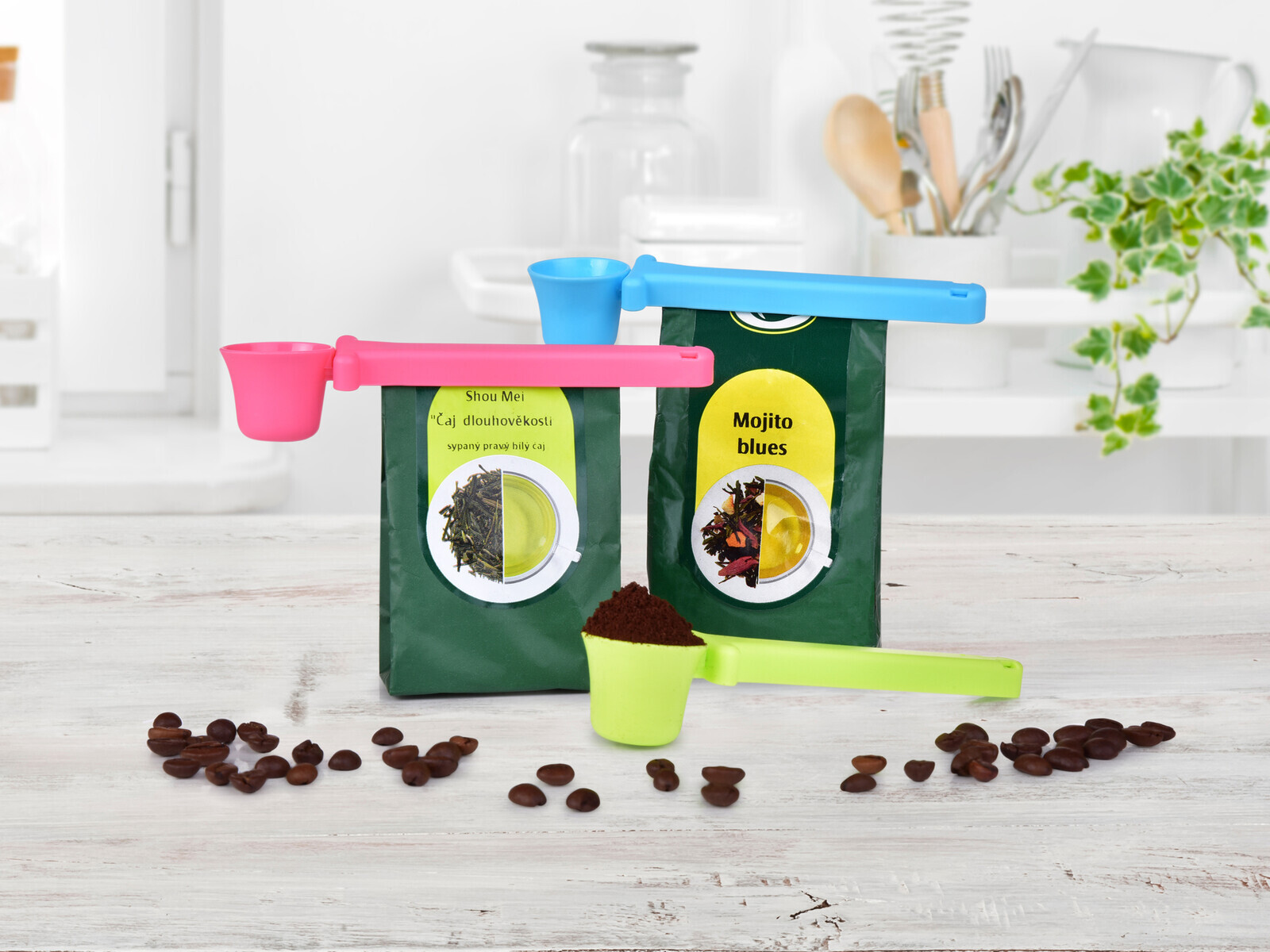 KLIPODMĚRKA | sada 3 odměrek s klipem | na uzavírání sáčků a dávkování kávy, čaje, koření