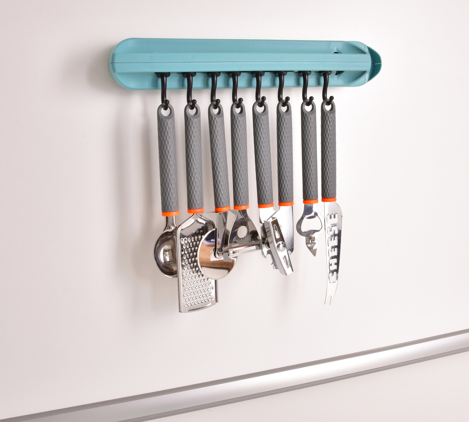 CHEF kuchyňský věšák s 8 háčky | Variabilní uspořádání a samolepicí uchycení bez vrtání tyrkysový
