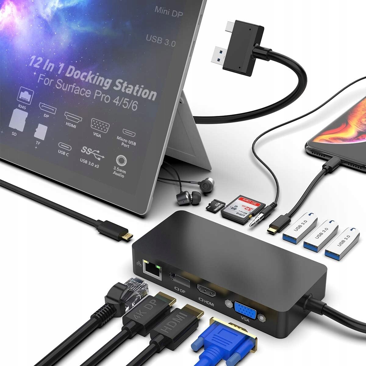 Dokovací stanice pro Surface Pro 4K s 3 displeji Hdmi Vga Dp 12v1