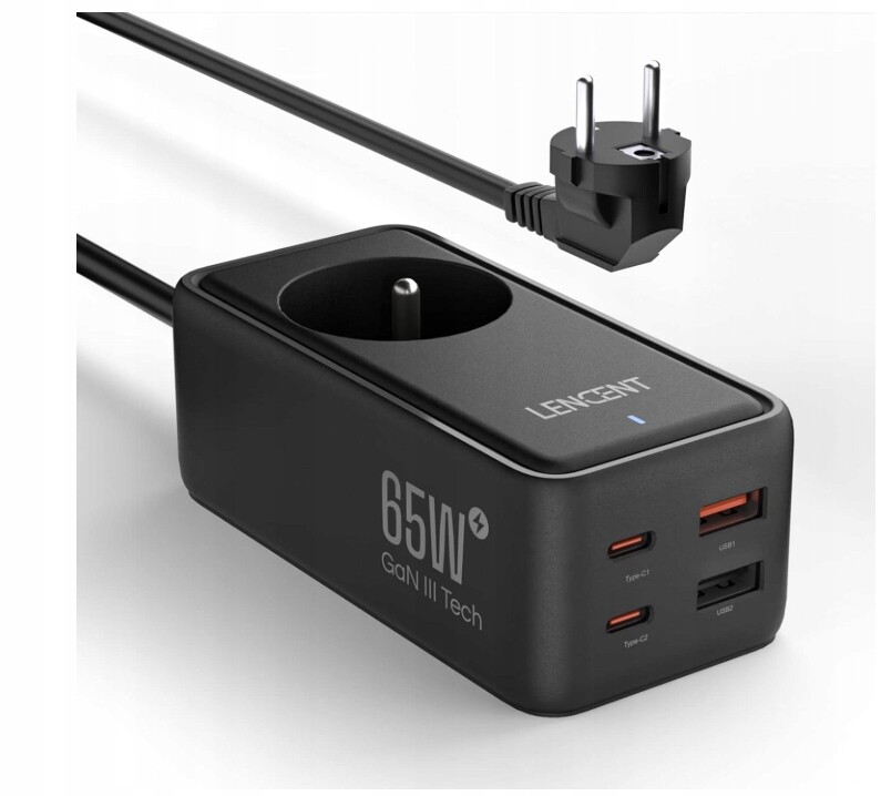 Lencent rychlá nabíječka 65 W s 1 Ac zásuvkou a 4 porty Usb typu C s kabelem