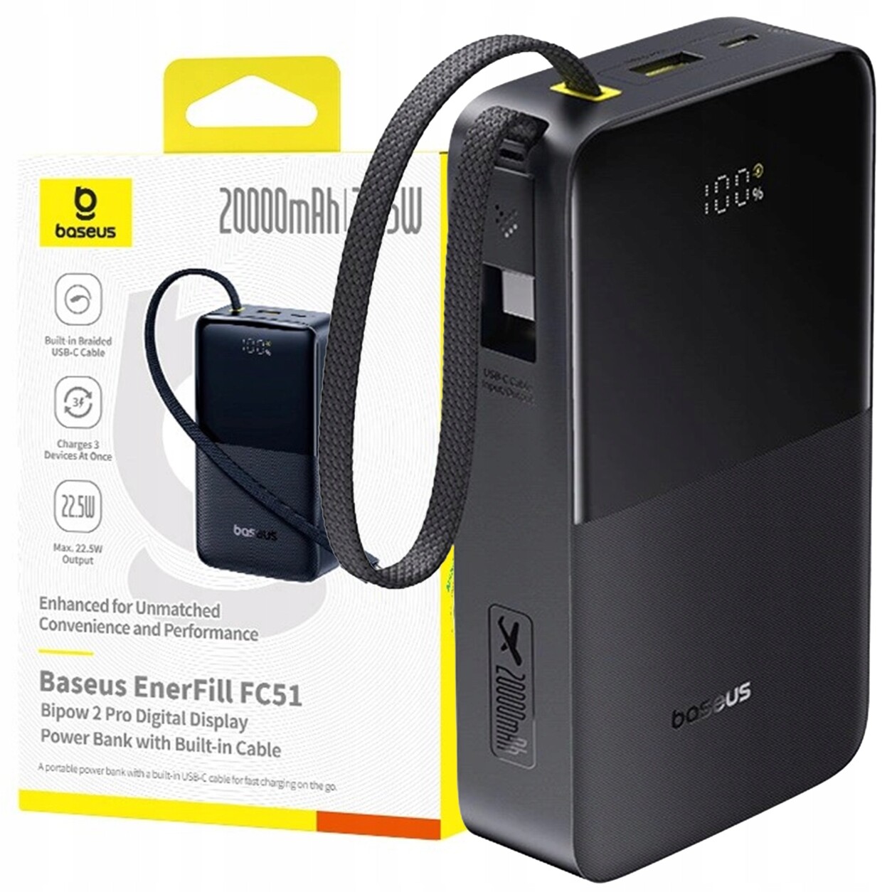 Powerbanka Baseus 20000 mAh 22.5W Rychlá Powerbanka S Kabelem Usb-c Bipow Pro