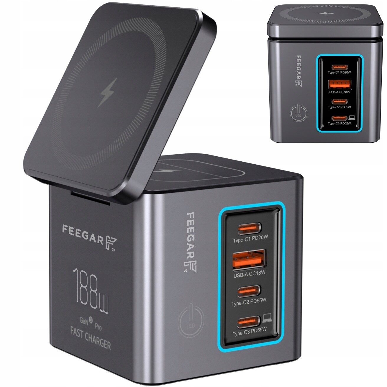Síťová nabíječka Usb-c Feegar Kombo 188W GaN3 Typ-C Pd Qc 3.0 Indukční