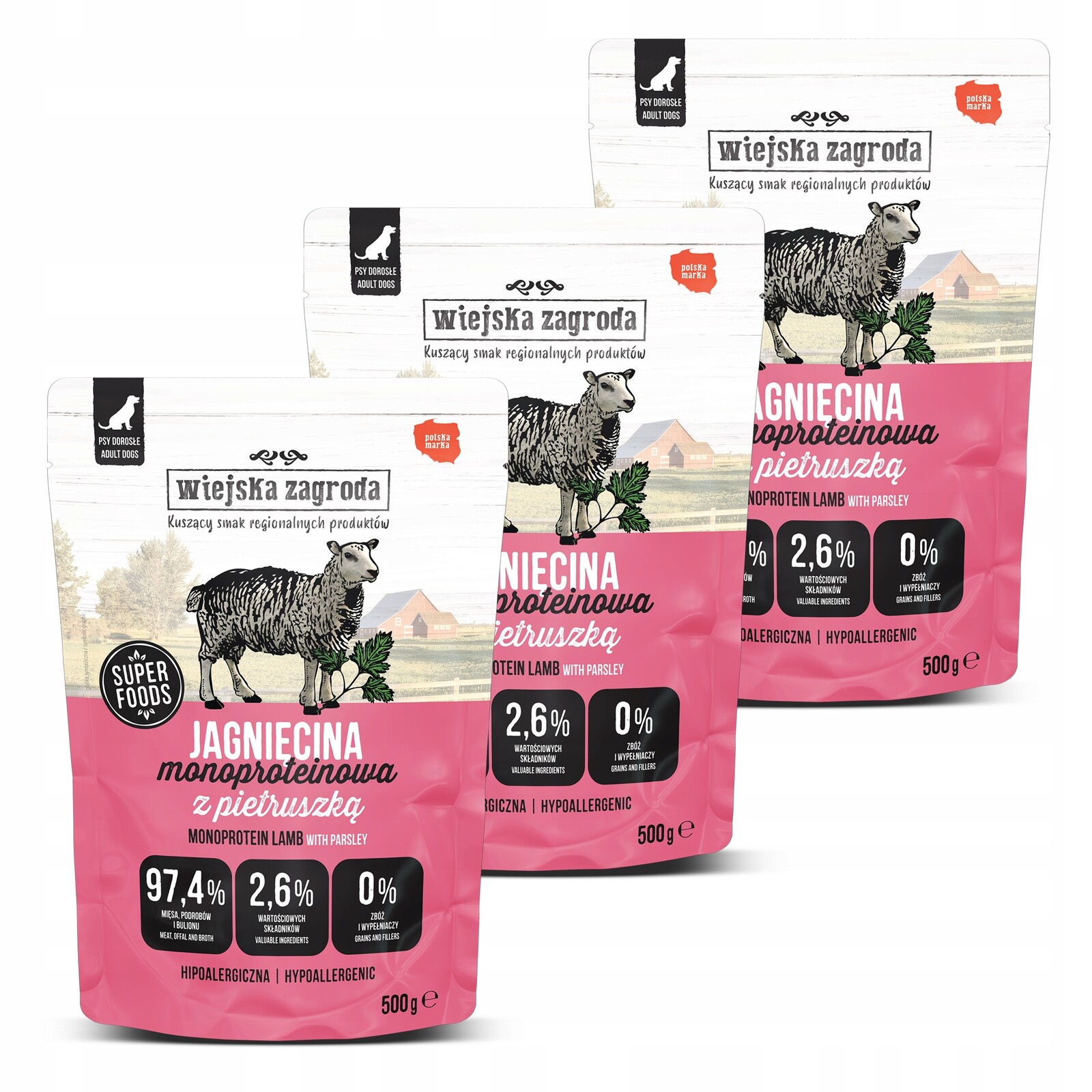 Wiejska Zagroda Jehněčí maso Monoproteinové krmivo pro psa sáček 3x500g