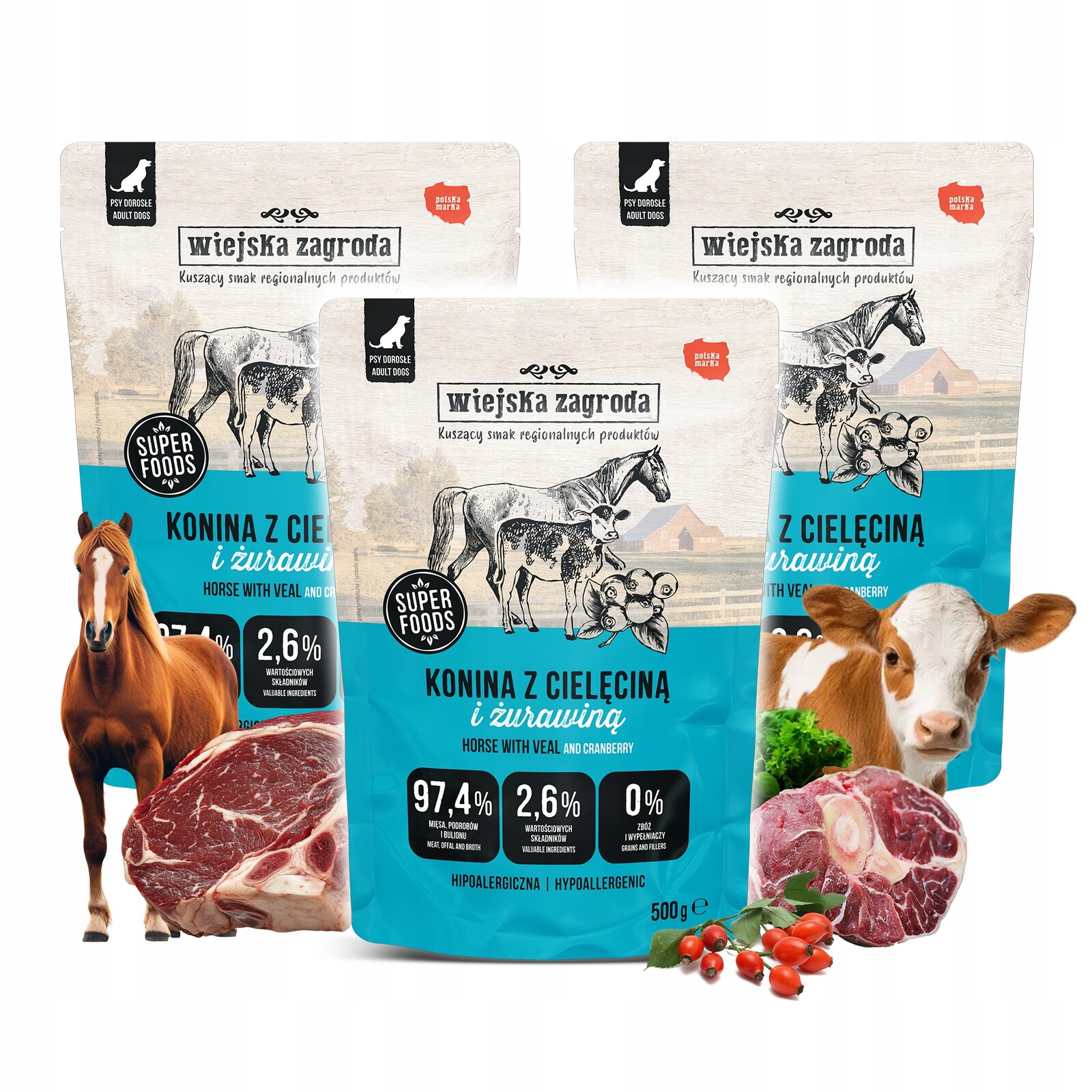 Wiejska Zagroda Kůň s telecím masem vlhké krmivo pro psy sáčky na koně 3x500 g