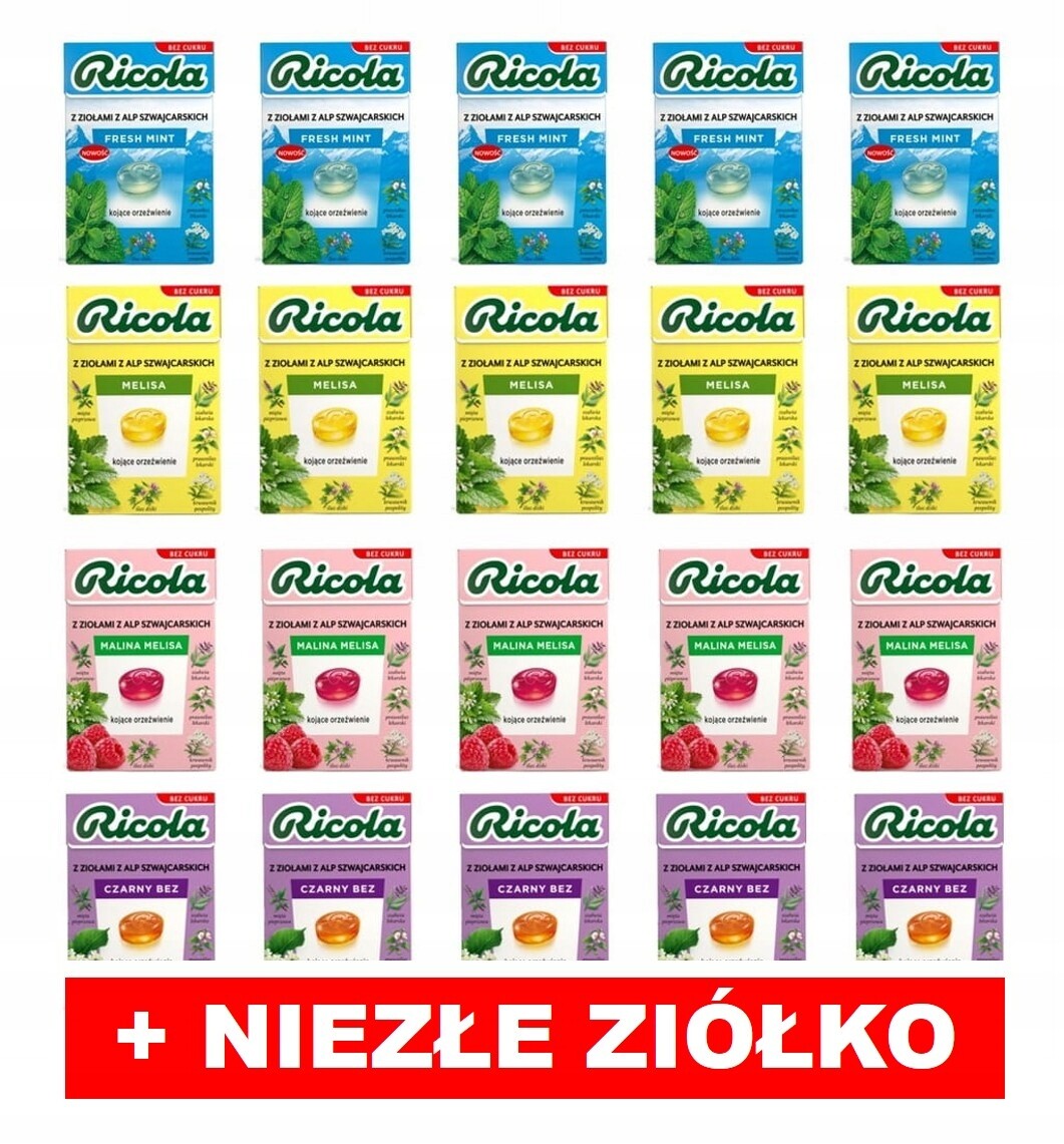 Ricola 20ks (5xFresh Mint 5xMeduňka 5xMalina 5xČerný Bez) dárek