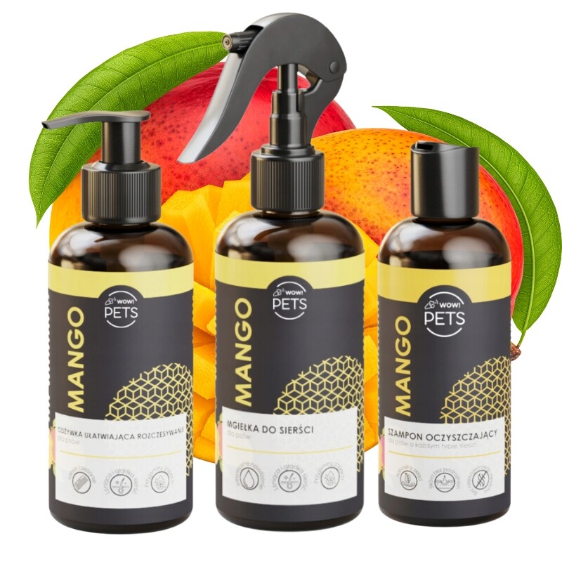 Sada kosmetických přípravků pro psa Mango Wow!pets 3x200 g (Šampon, mlha, kondicionér)