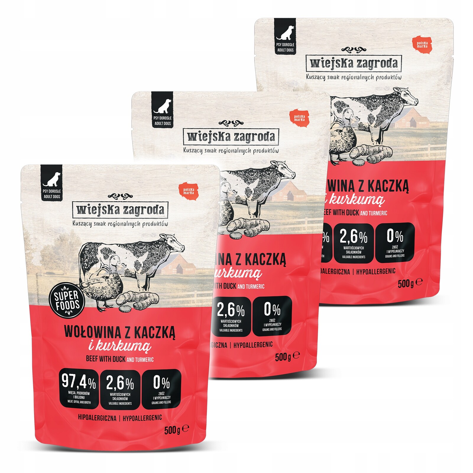 Wiejska Zagroda Hovězí maso s kachnou vlhké krmivo pro psy sáčky 3x500 g