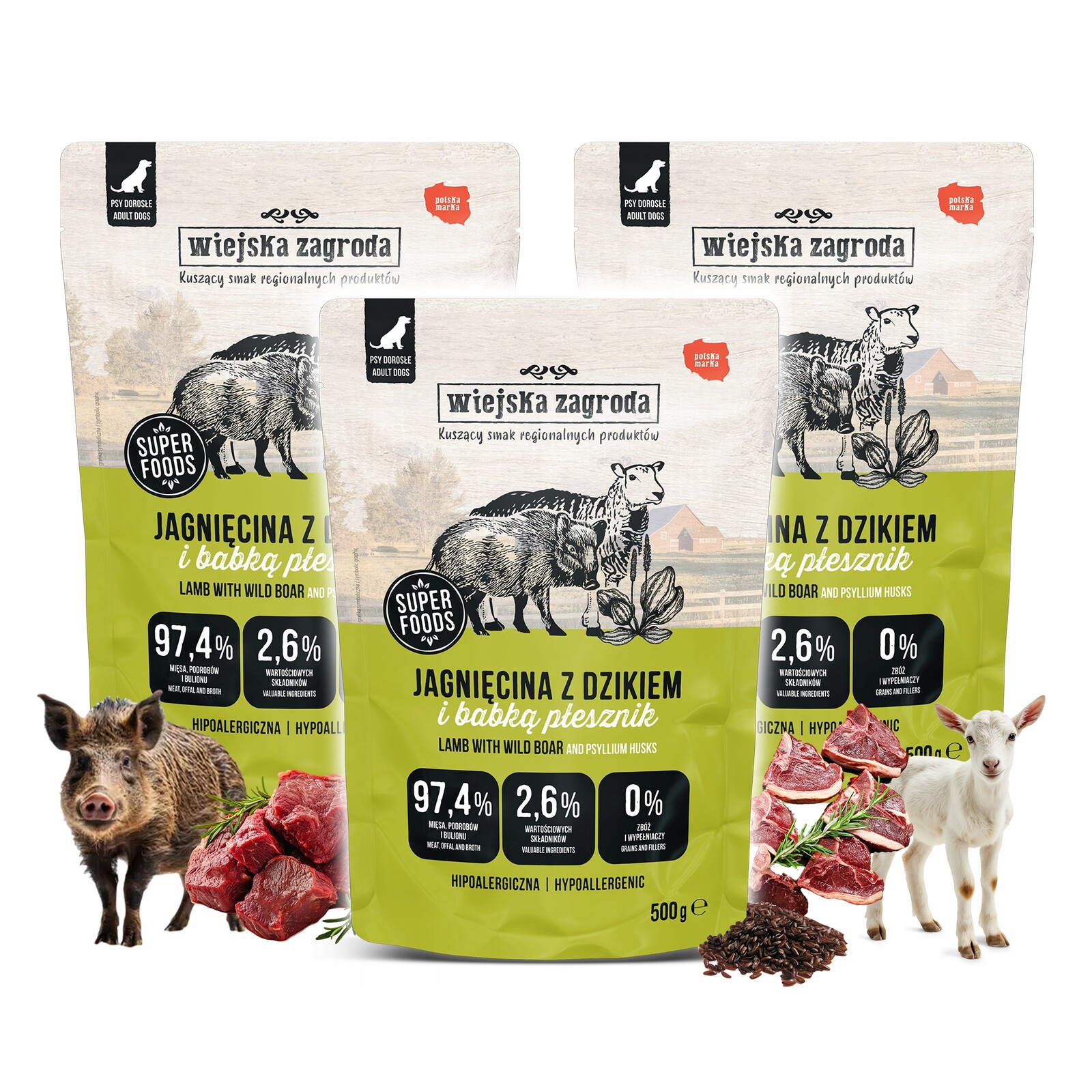 Wiejska Zagroda Jehněčí s divočákem vlhké krmivo pro psy sáčky 3x500 g