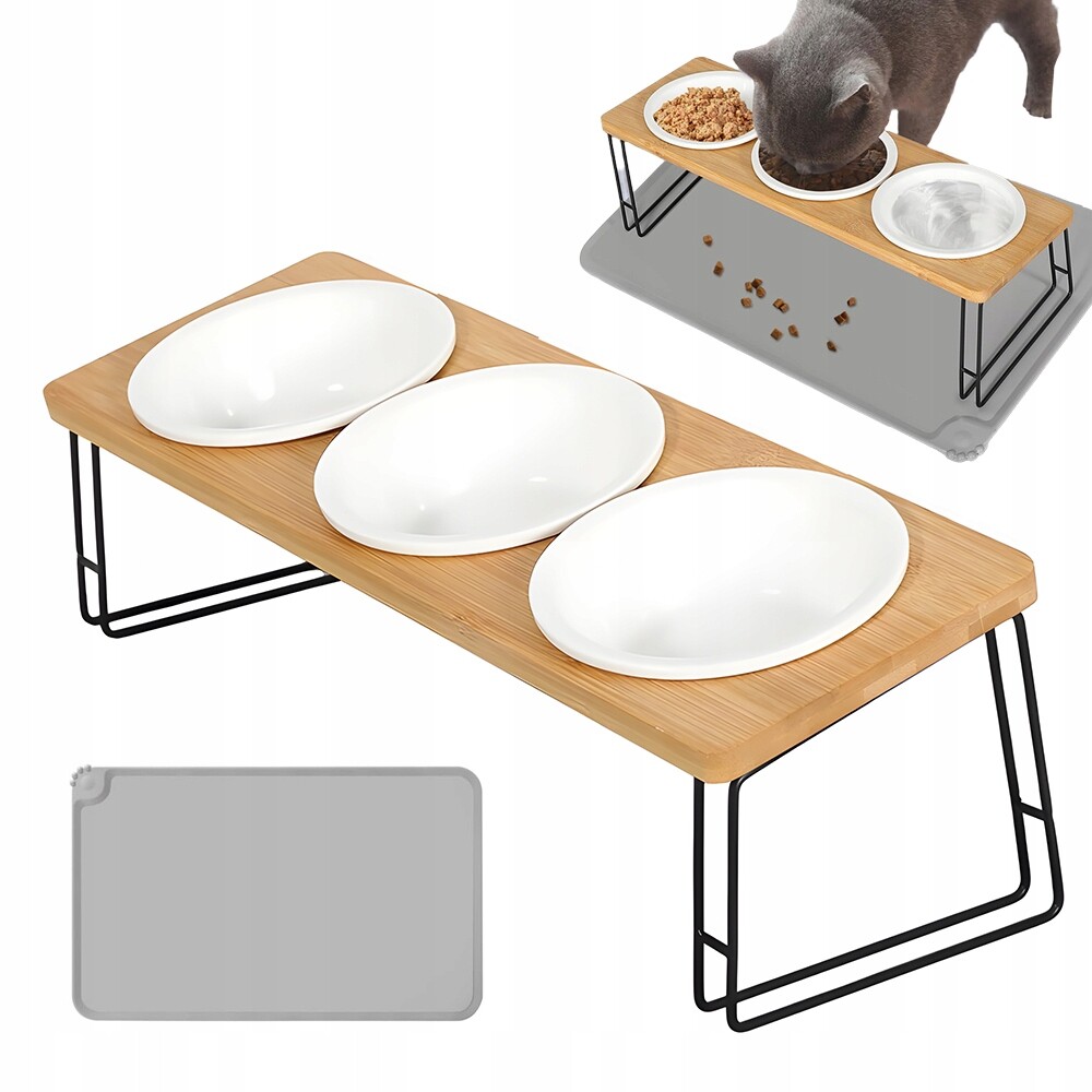 Sada 3 X Keramických Misek Na Krmení Z Bambusu S Vyvýšenou Poličkou 15°