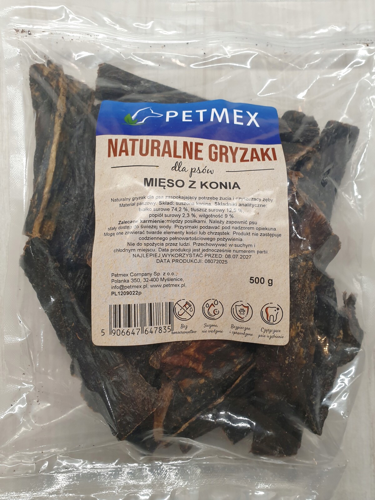 Petmex Sušené koňské maso, 100% koňské maso 500 g přírodní kousátko pro psy